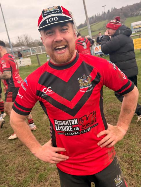 Gwion Jones celebrated his Tenby United cap for 100 games Gwion Jones celebrated his Tenby United cap for 100 games